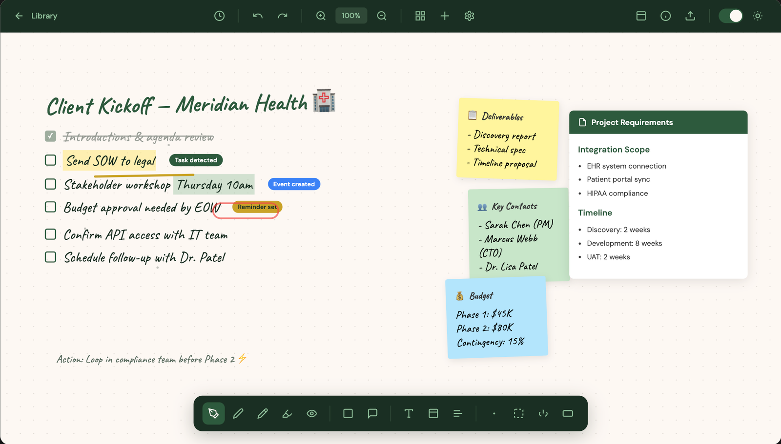 Inkline app interface showing infinite canvas with toolbar